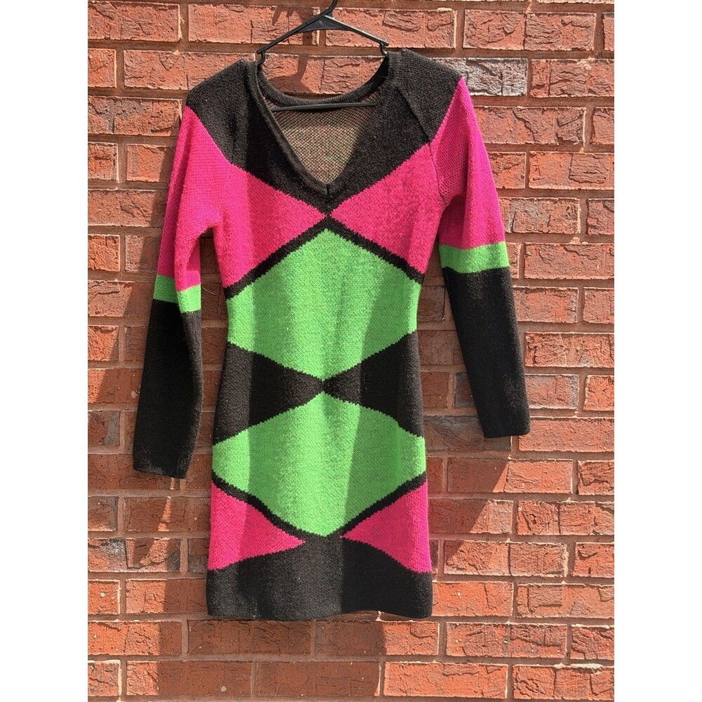 Women's S Color Block Bodycon 80’s Style Sweater Dress Long Sleeve Tight Knit